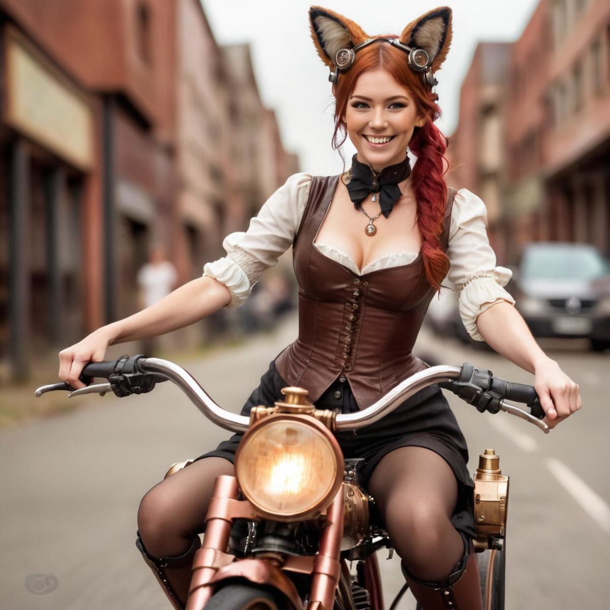 A steampunk_woman driving a bike, smiling, fox ears, red hair
